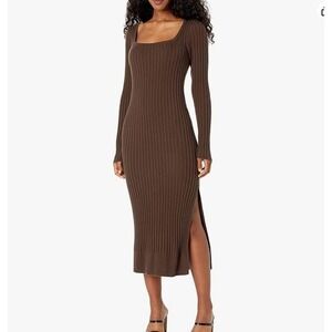 Paige Women's Brown Ribbed Knit Long Sleeve Midi‎ Dress Square Neck Elegant
